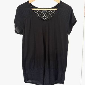 Lucky Brand Black Crochet Lace Back Yoke Lace Mesh Hem & SS Boho Women's L